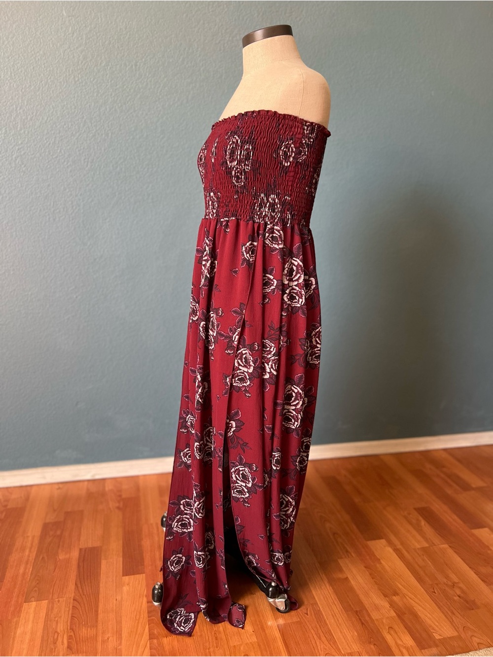 Miley & Molly Women’s Smocked Strapless Maxi Dress in Burgundy Floral front slit - Picture 5 of 8